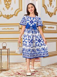 SHEIN Rochie pentru fete Tween, cu formă relaxată, cu imprimeu geometric, lejer, cu gât pătrat