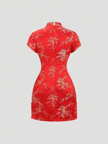 SHEIN Unity Vestido Qipao Impreso Con Flores Diminutas En unicolor Dorado Y Hebilla Integrada - Rojo - Ver 2