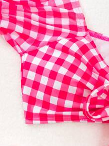 Swim Mod 女士粉色格子短袖比基尼套装，泳装泳衣沙滩装夏季度假，夏季海滩上衣和比基尼套装下装比基尼套装 - 粉色 - 查看 7