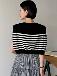 DAZY Patchwork Striped Knit Sweater With Round Neckline - Black - View 5