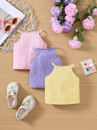 女婴 3 件套休闲纯色 Schiffy 挂脖式背心 针织上衣 适合女婴