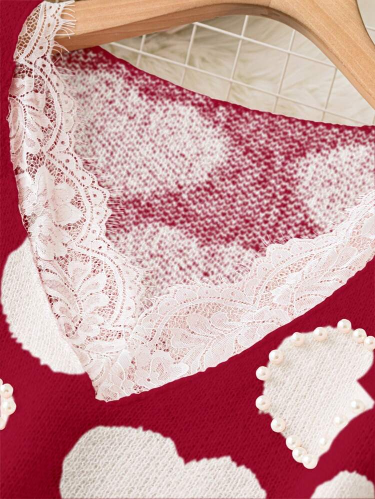 Plus Size Contrast Lace Heart Pattern Sweater, Knit Pullover Fall Winter