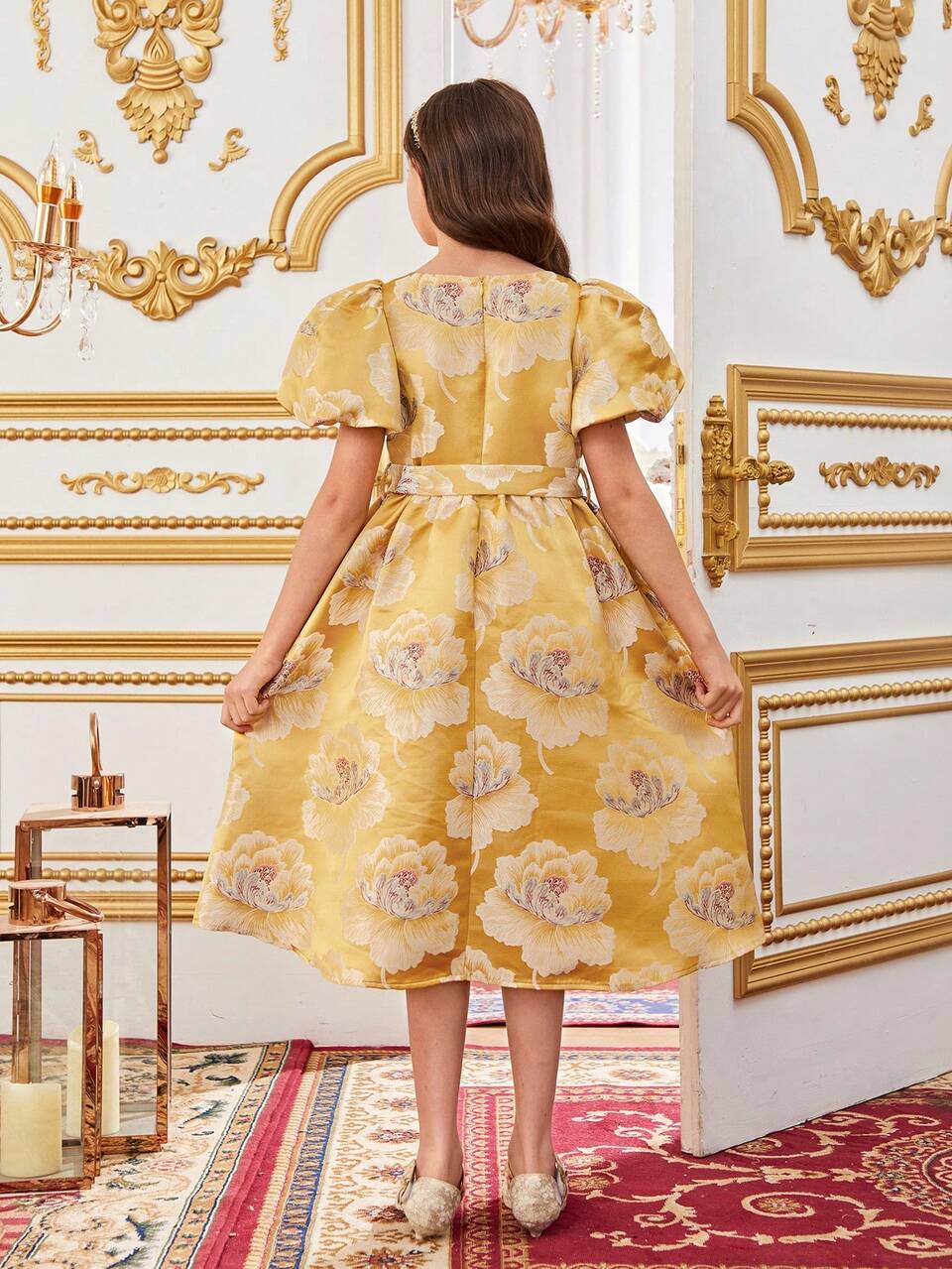 Tween Girl's Large Flower Jacquard Square Neck Puff Sleeve Dress With Rhinestone Belt, Mid-Length