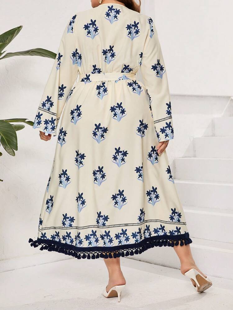 Plus Size Printed Patchwork Fringe Trim Woven Belt Dress