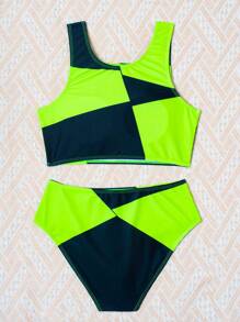 Teen Girl Cute Two-Tone Neon Bikini Set, Bathing Suit Beach Outfit Summer Vacation - Multicolor - View 2