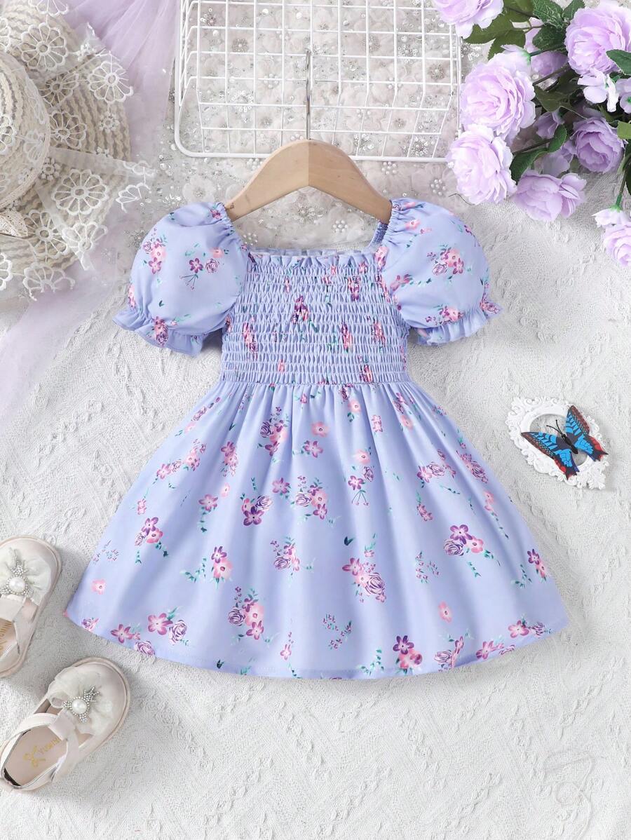 Baby Girl Square Neckline Floral Print Puff Sleeve Dress With Gathered Waist, Summer - Purple - View 1