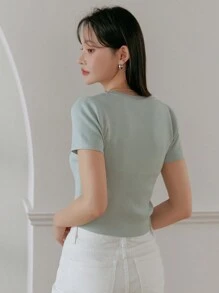 DAZY 纯色针织短袖 V 领纽扣女式夏季上衣 - 綠色 - 查看 2