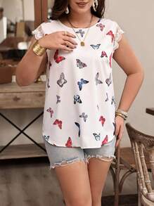 Flirla Plus Size Butterfly Print Round Neck Lace Splice Shirt - White - View 1