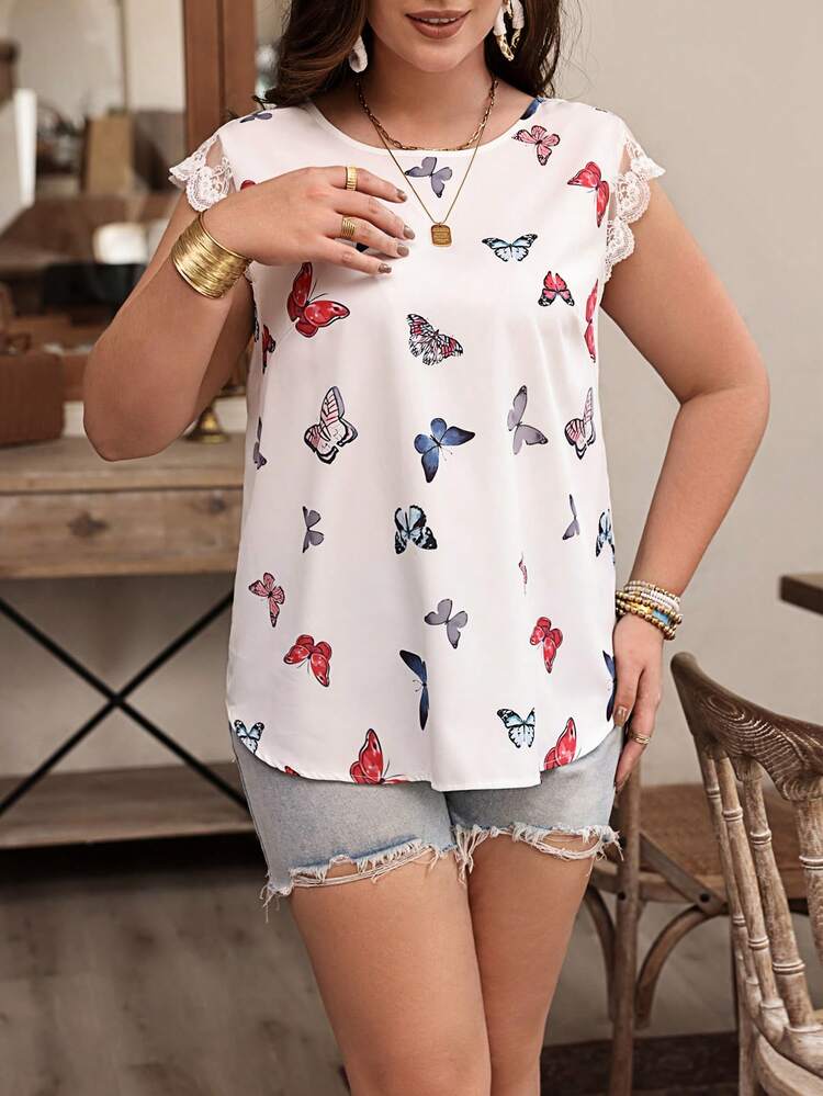 Plus Size Butterfly Print Round Neck Lace Splice Shirt