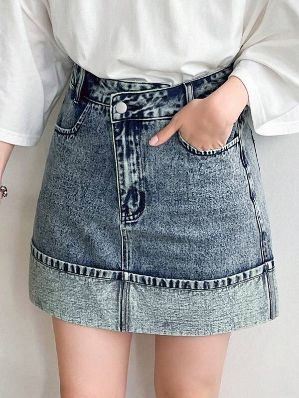 FRIFUL Folded Hem Slant Pockets Straight Denim Skirt