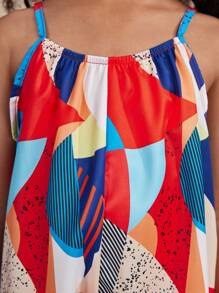 SHEIN Unga flickors musikfestival Geometriskt tryckt vävd byxa med spaghettiband, vår/sommar - Multifärgad - Visa 6