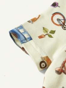 Cozy Pixies Baby Boy's Cartoon Car Pattern Color Block Short Sleeve Top And Footed Pants Snug Fit Pajama Set