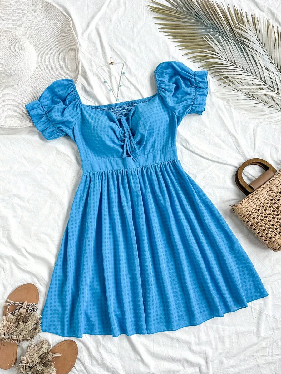 Soleia Kích thước lớn Off Shoulder Dây rút Váy chữ A - Màu xanh lam - Xem 1