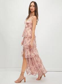 Enchnt Women's Floral Lace High Slit Spaghetti Strap Dress