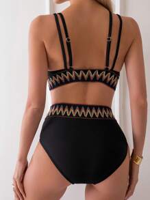SHEIN Swim 女士两件式拼接比基尼套装，带波浪编织带细节，夏季海滩 - 黑色 - 查看 2
