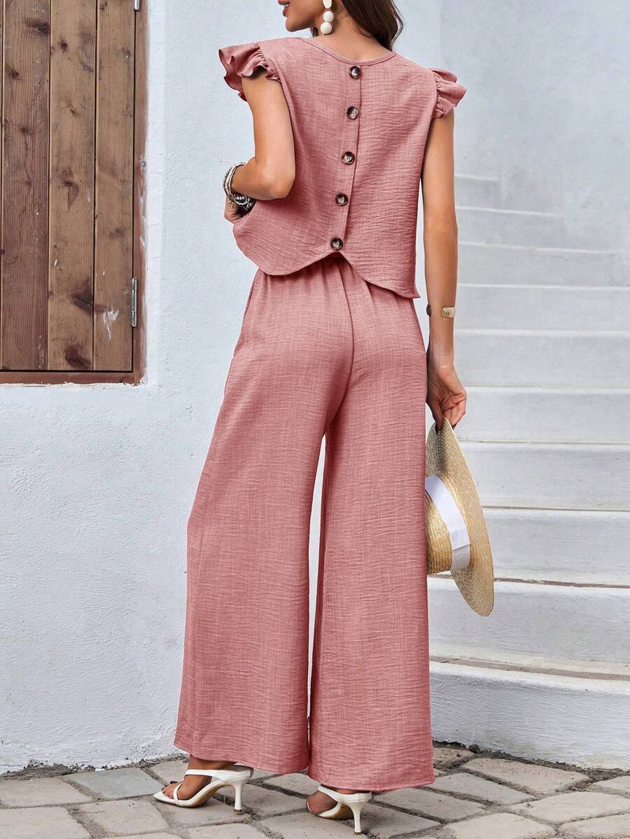 SHEIN LUNE Bộ đồ hai mảnh áo tay lửng cổ tròn màu trơn và quần dài cho nữ - Hồng - Xem 1
