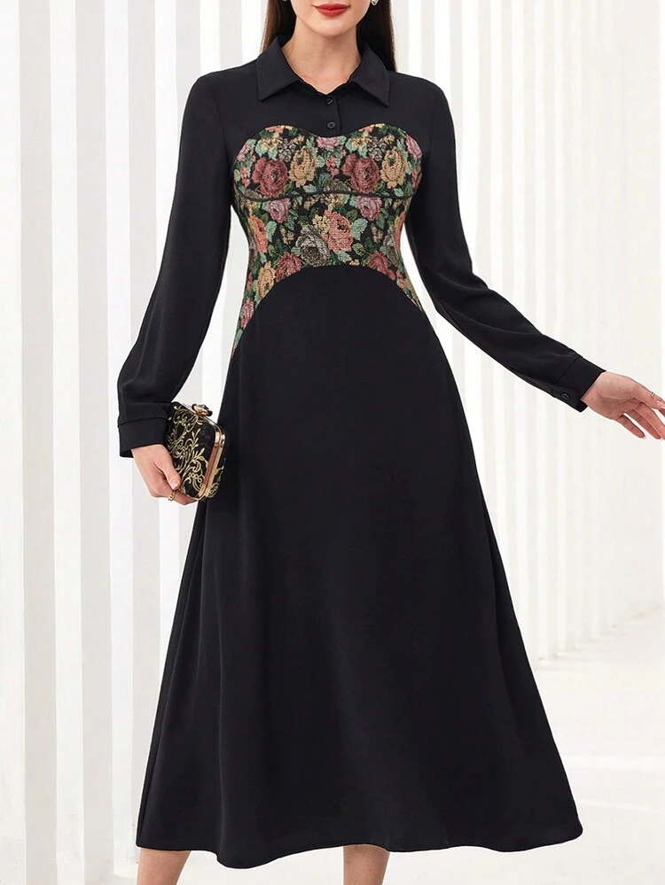 Women's Color Block Floral Panel Shirt Dress Fall Cloth For Women