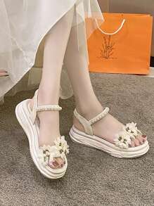 女性花卉設計連衣裙涼鞋，夏季新款，多功能厚底法式楔型和平底羅馬涼鞋 - 米色 - 查看 5