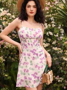 Aveloria Vestido corto con cintura fruncida para mujeres con estampado floral aleatorio y contrastante