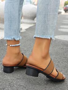 女性加大碼棕色高跟涼鞋,夏季休閒時尚編織涼鞋,舒適粗跟性感沙灘拖鞋 - 棕色 - 查看 5