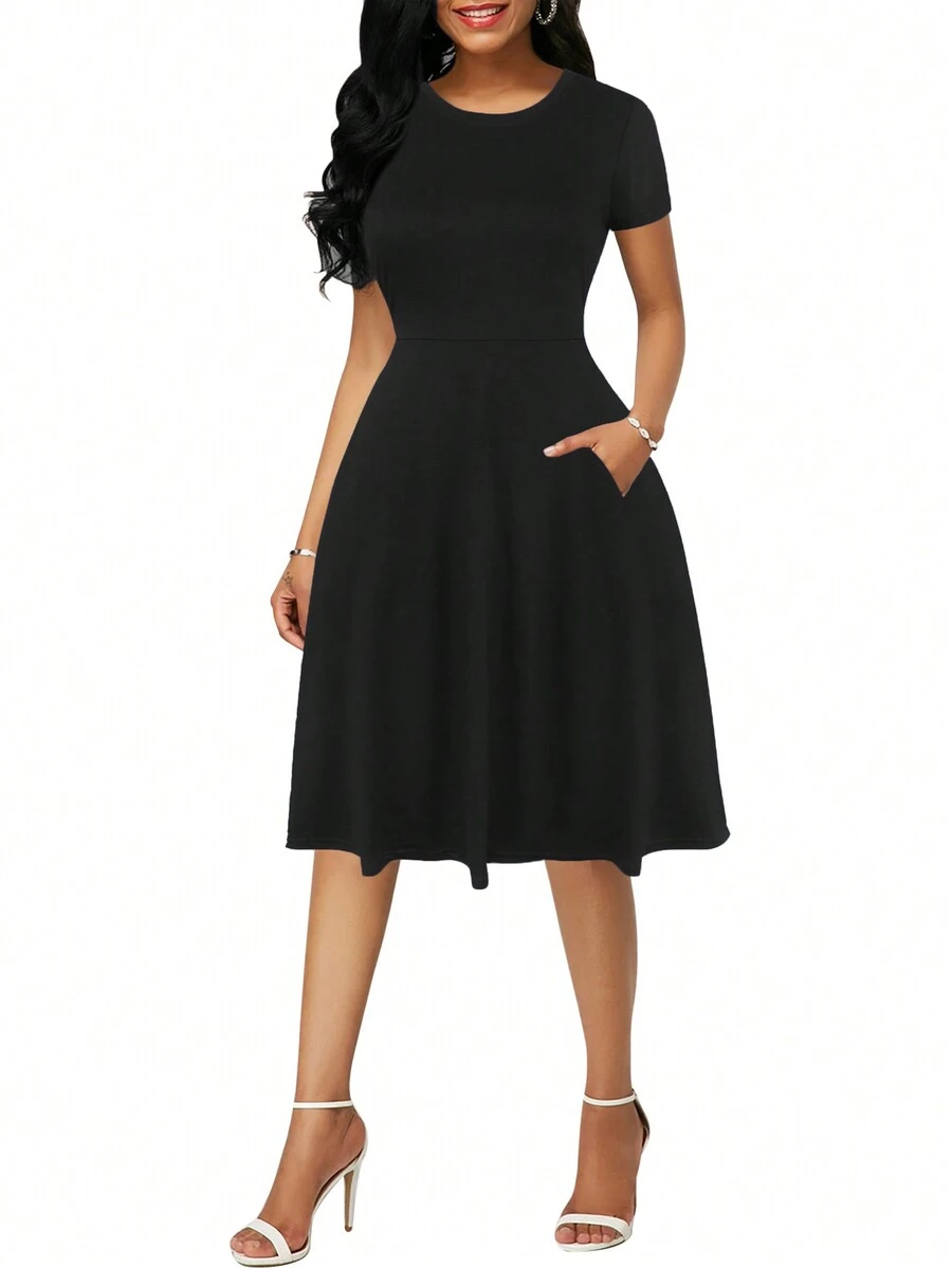 Abito Casual Stampa Floreale Senza Maniche Per Donna, Vestito Midi Casual Alla Moda, Elasticizzato, Con Tasche Estive - nero - Visualizzare 1