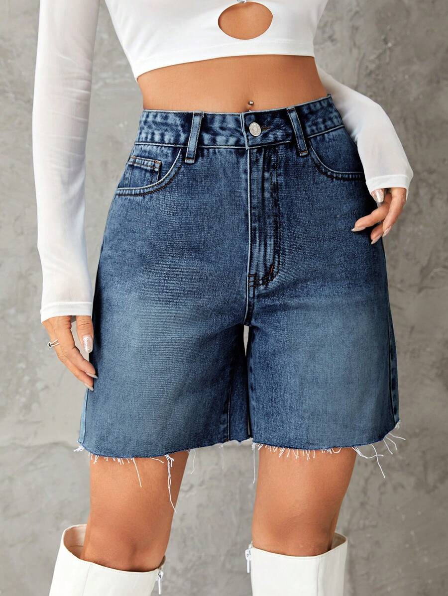 SHEIN EZwear 牛仔短褲,原邊設計 - 藍色 - 查看 1