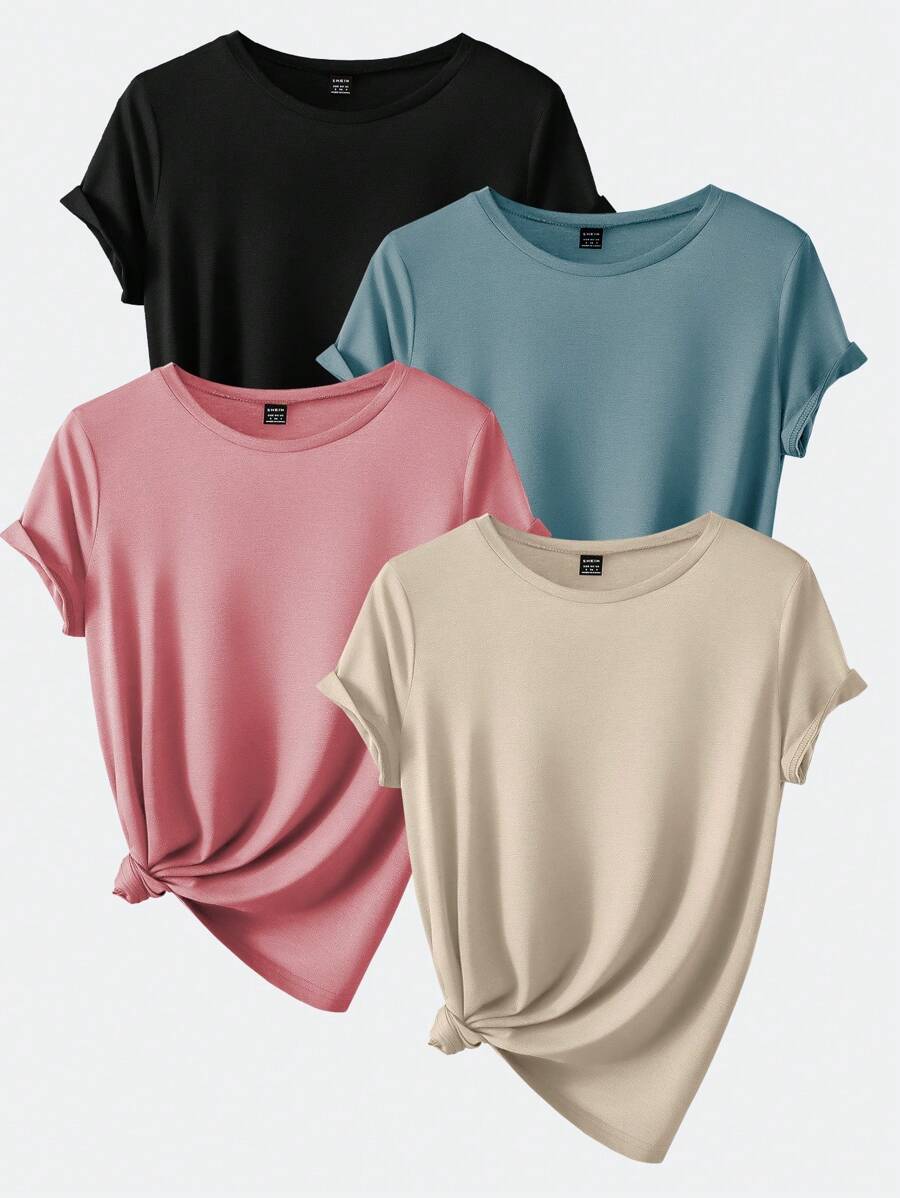 INAWLY Plus Size Women's Solid Color Round Neck Short Sleeve T-Shirt (Multiple Pieces) - Multicolor - View 1