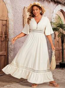 Breezaya Plus Size Lace Splicing V-Neck Dress With Lotus Leaf Hem Maxi Women Outfit