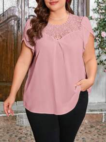 SHEIN Clasi Plus Size Solid Color Lace Splice Petal Sleeve Shirt - Pink - View 6