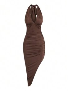 SHEIN Unity Slim Fit Strapless Backless Ruched Halter Coffee Colored Dress With Tied Up Straps - Multicolor - View 1