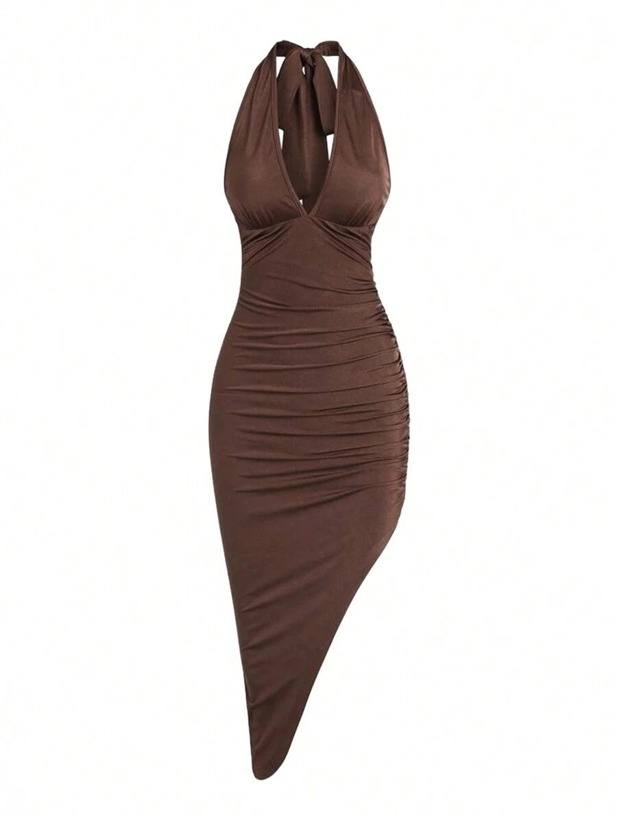 SHEIN Unity Slim Fit Strapless Backless Ruched Halter Coffee Colored Dress With Tied Up Straps - Multicolor - View 1