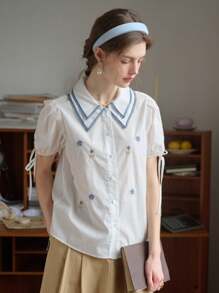 Simple Retro Simple Retro Women's Contrast Color Double-Layer Square Neck Embroidered Shirt Summer Tops Summer Clothes Women Commuter Office Interview French Elegance