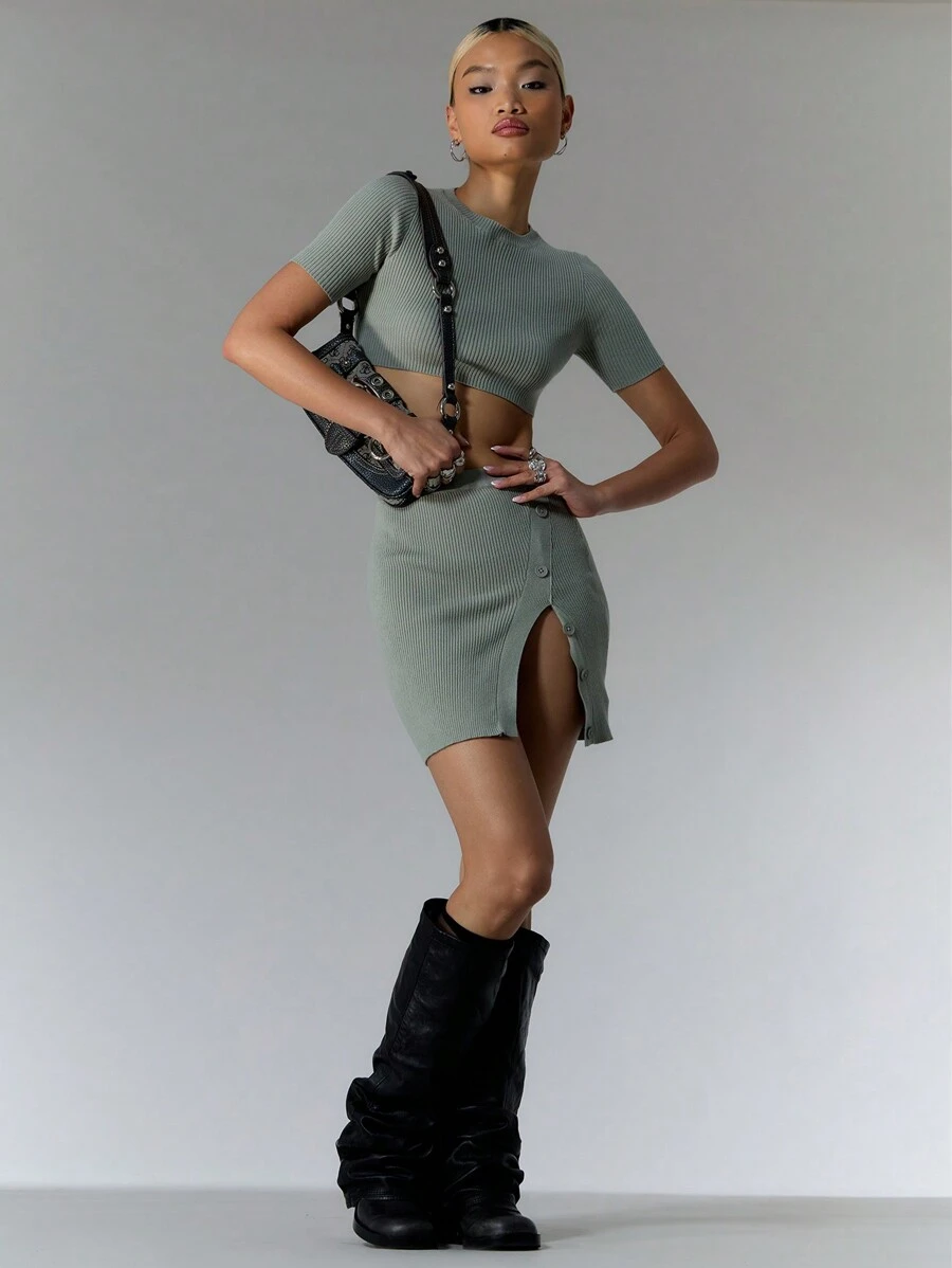 MUSERA Khaki Rib Split Front Mini Skirt Festival Spring Y2k 90's - Grey - View 1