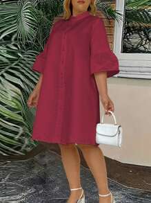 SHEIN Clasi Dress Ukuran Plus Ruffle Tombol Depan Plain Casual - Burgundy - View 3