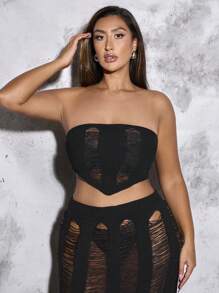 SHEIN BAE 大尺碼女裝針織短款背心上衣,破損細節處理