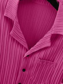 Manfinity Homme Camisa De Manga Corta Con Cuello En Contraste Liso Y Pantalones Cortos Para Hombre, 2 Piezas/set - Rosa Fucsia - Ver 4
