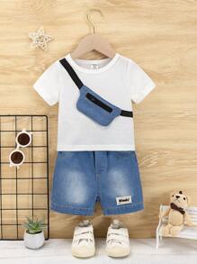2pcs/Set Spring Summer Baby Boy White Top & Denim Zipper Fixed Bag With Light Wash Jean Shorts Fashionable Boy Outfit