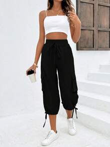 SHEIN LUNE Solid Color Elastic Waist Slant Pocket Jogger Capri Pants - Black - View 3