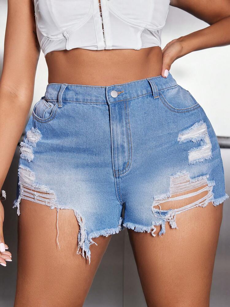 Plus Size Fashionable Non-Elastic Ripped Denim Shorts