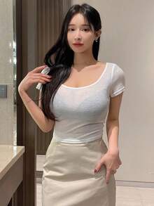 DAZY 女士實色圓領透視修身上衣 - 白色 - 查看 3