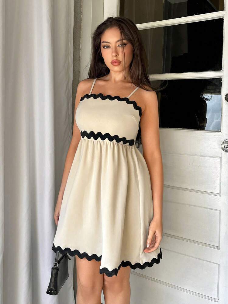 Women's Color Block Woven Ribbon Patchwork Umbrella Dress Spaghetti Strap Dress For Vacation, Date And Wedding Season