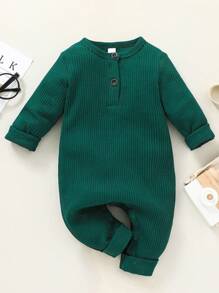 SHEIN Vintaside Kids Newborn/Infant Baby Boy Unisex Solid Color Half Button Long Sleeve Jumpsuit,  Baby Boy Rompers Baby Clothes Infant Boy Bodysuit Neutral Baby Clothes Newborn Baby Cotton Clothes 1M-3M-6M-9M-1T