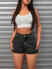 SHEIN ICON Rolled Hem Washed Denim Shorts - Black - View 5