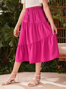 SHEIN Váy Tween Girl dệt màu trơn dáng rộng cho mùa xuân và mùa hè - Màu Hồng Tươi - Xem 6