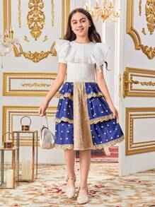 Double Layer Asymmetrical Ruffle Trim Round Neck Short Sleeve T-Shirt For Tween Girls - White - View 6