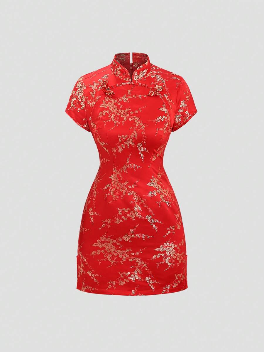 SHEIN Unity Vestido Qipao Impreso Con Flores Diminutas En unicolor Dorado Y Hebilla Integrada - Rojo - Ver 1