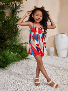 SHEIN Unga flickors musikfestival Geometriskt tryckt vävd byxa med spaghettiband, vår/sommar - Multifärgad - Visa 5