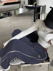 DAZY SHEIN X AYA NAKAMACHI Women's Colorblock Elastic Waist Wide Leg Pants With Rolled Hem - Dusty Blue - View 3