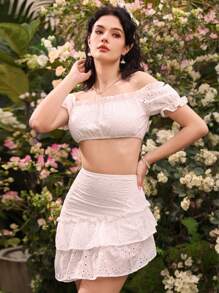 GENKIRA 2pcs Women Set With Asymmetric Ruffle Hem - White - View 1