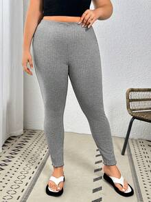 SHEIN Essnce 大码春夏装针织罗纹修身打底裤长款休闲运动裤紧身裤灰色打底裤运动裤休闲裤舒适弹力打底裤 - 灰色 - 查看 3